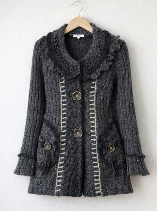 Vintage Concept Sweaters - Romantic Knit Cardigan Charcoal Gray Ruffle Trim Vintage Style Button Front Size